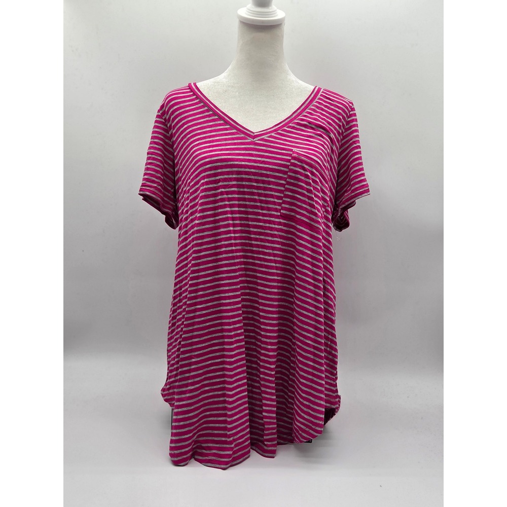 Peyton Jensen Women's L Pink Gray Striped V-Neck Pocket Tunic Top 101-573